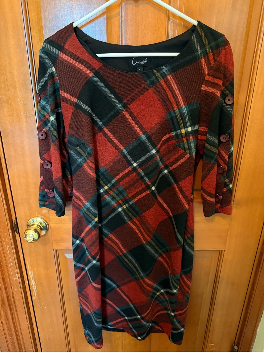 connected apparel Red & Black Plaid Midi Dress with Button-Sleeves